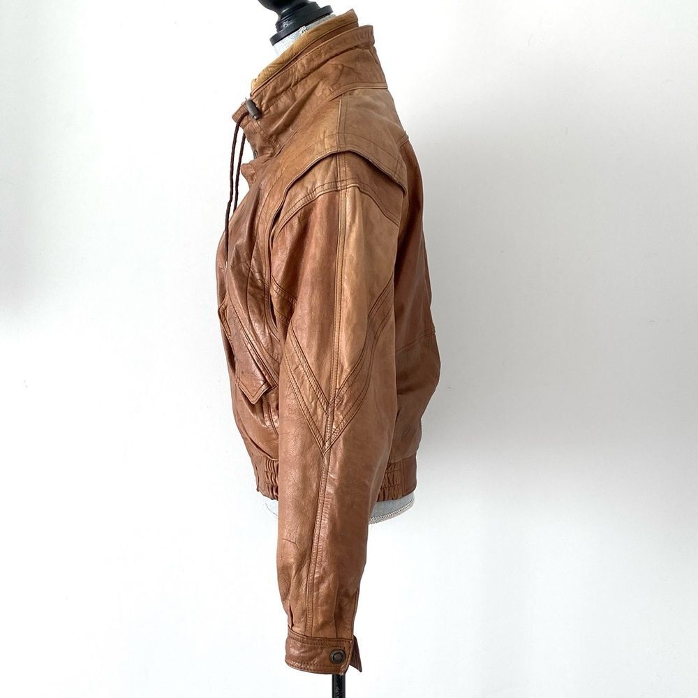 Vintage Men's S Brown Leather Bomber Jacket Women M Stand Collar Aviator Retro - Picture 5 of 16